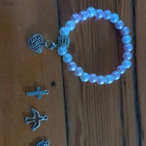 Handmade Elegant Pink and White Beaded Bracelet with Charms That Interchange